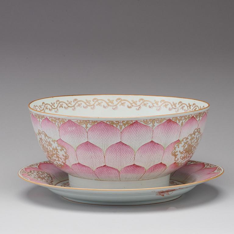 A massive famille rose 'Lotus' punch bowl with charger, Qingdynasty, Qianlong (1736-95).