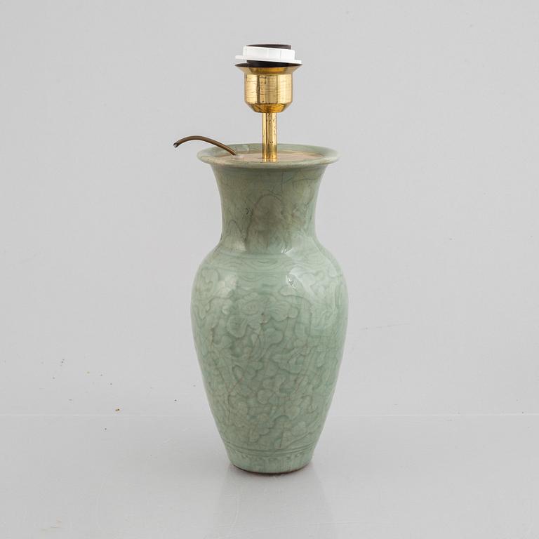 A Chinese celadon porcelain vase / table lamp, late Qing dynasty.