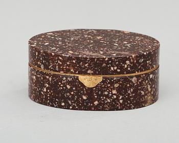 A porphyry and gold 18K snuff-box, makers mark of Johan Erik Sundström 1833 Stockholm.