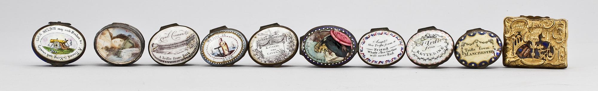 PARTI DOSOR, 10 st, mässing och emalj, 1700-1800-tal.