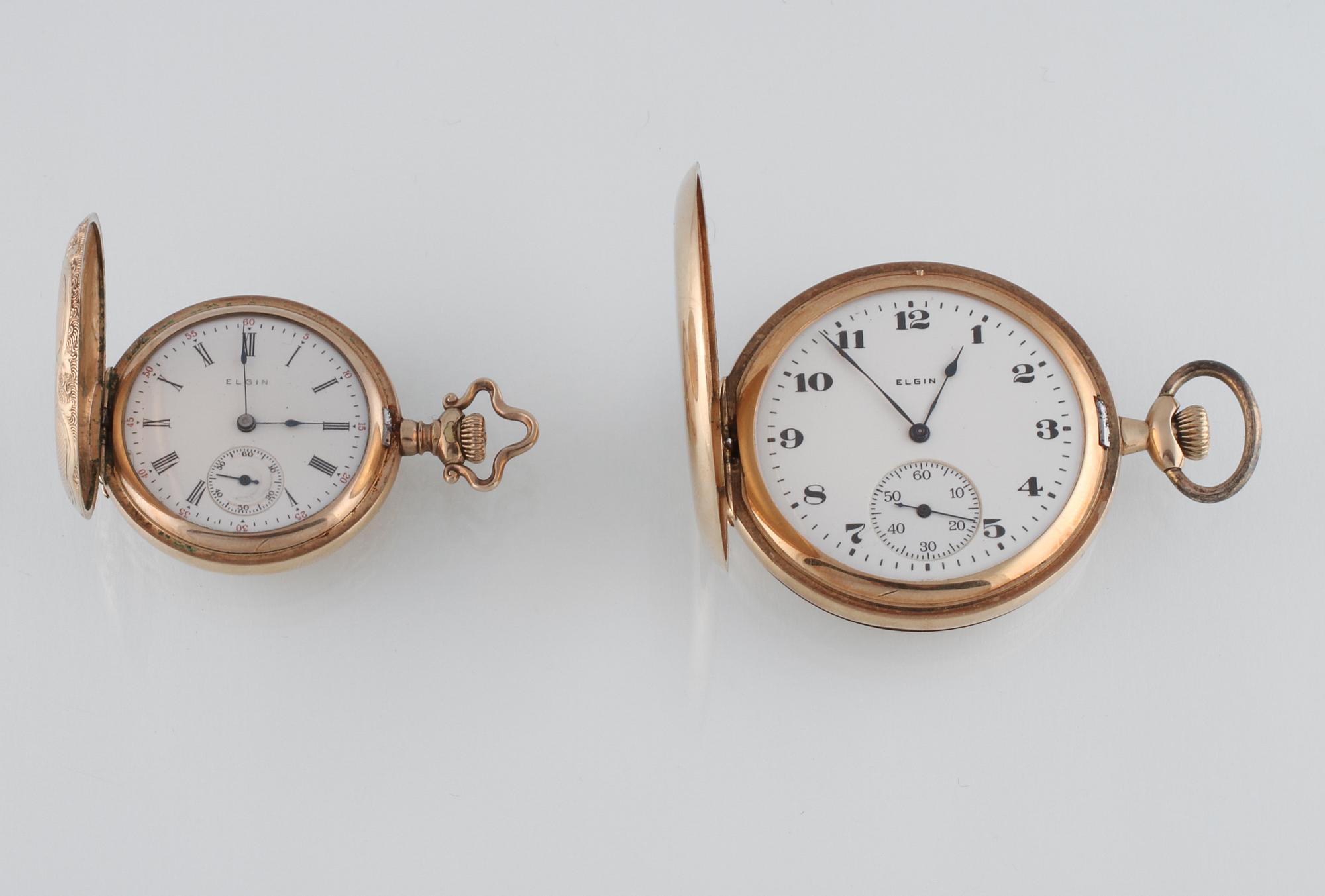 FICKUR, 2 st, 14 k guld samt double, Elgin, 1921 samt 1911.