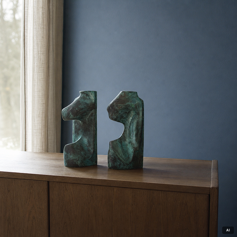 Björn Selder, a pair of green-patinated bronze sculptures/bookends, signed and numbered 4/100.