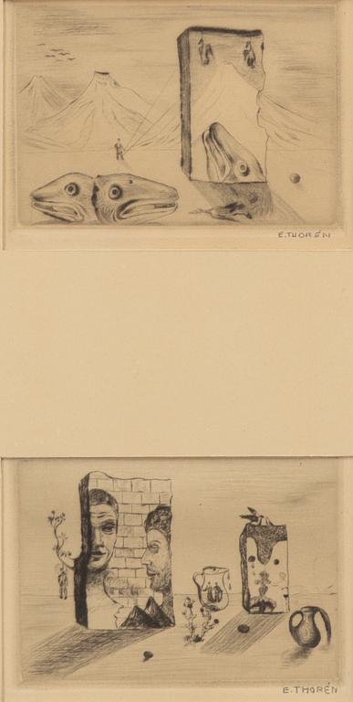 Esaias Thorén, Surrealist studies, two etchings.
