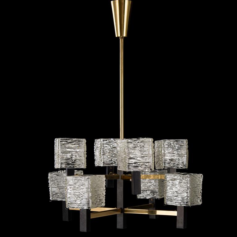 TAKLAMPA, mässing, målad metall och glas, 1960-tal.