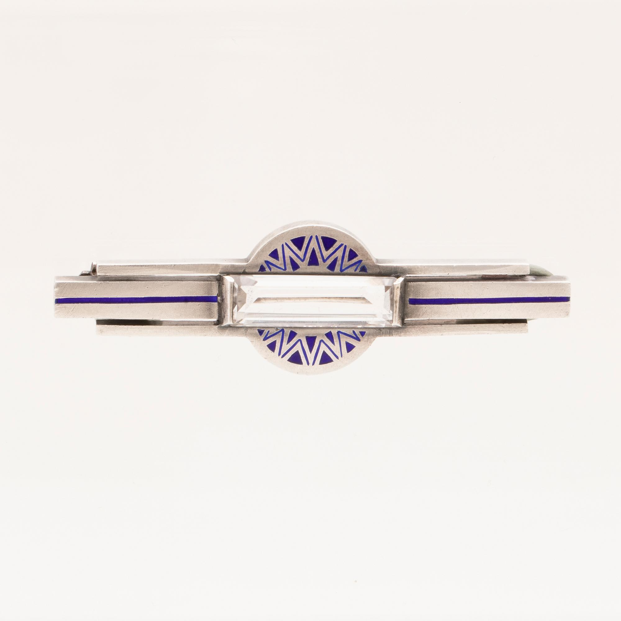 Brooch, silver and enamel with step-cut rock crystal, C G Hallberg Stockholm 1943.