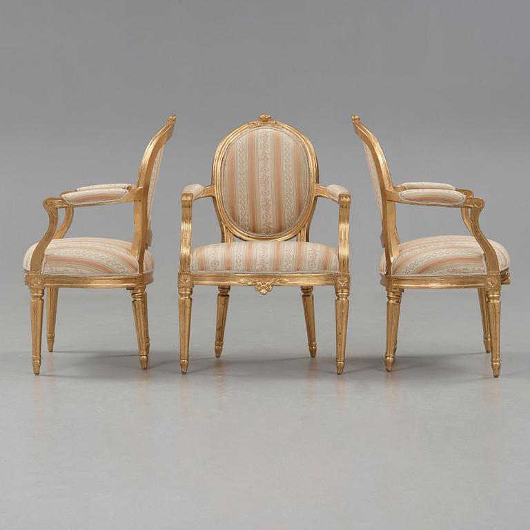 Three Gustavian armchairs by E Öhrmark, master 1777.