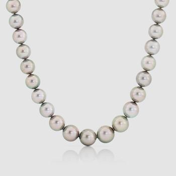 1109. A cultured Tahiti pearl, 12-14.7 mm, and diamond necklace.