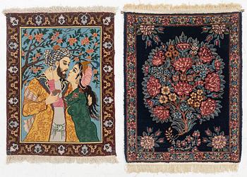 Two rugs, a figural Tabriz, c. 62 x 47 cm, & a Kerman, c. 64 x 51 cm.