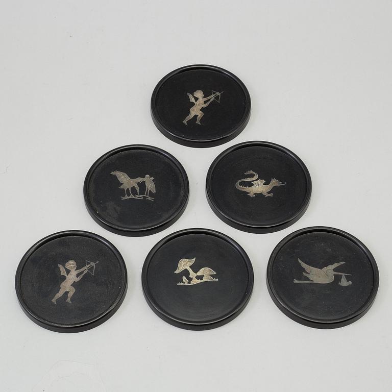 COASTERS, 6 st, silver och bakelit, Perstorp, 1950-tal.