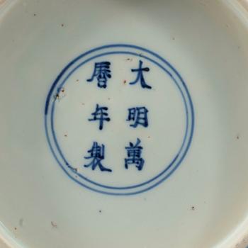 A blue and white bowl, Qing dynasty (1644-1912) with Wanli's six character mark.