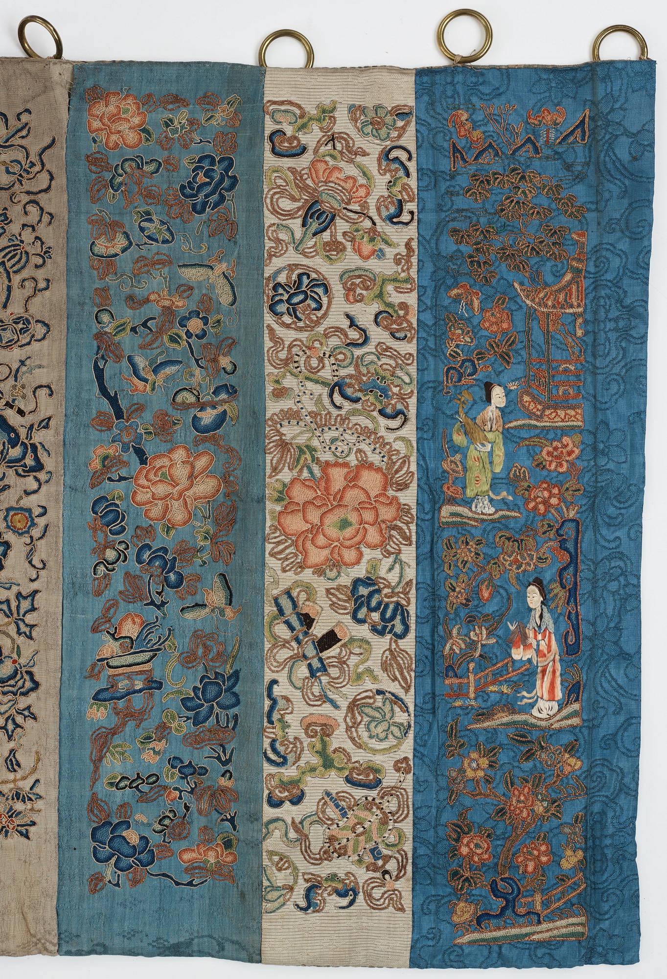 Two curtain tops in embroidered silk, China and Japan, circa 1900.