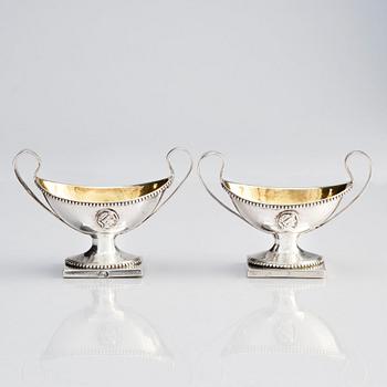 A pair of Swedish Gustavian 18th Century parcel-gilt silver salt cellars, mark of Petter Eneroth, Stockholm 1787.