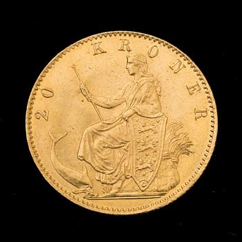 GULDMYNT, 20 kroner, Christian IX, Danmark, 1873. Vikt ca 9 gram.