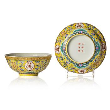 1063. A yellow ground birthday dish and bowl, Qing dynasty, Guangxu mark and of the period (1875-1908).
