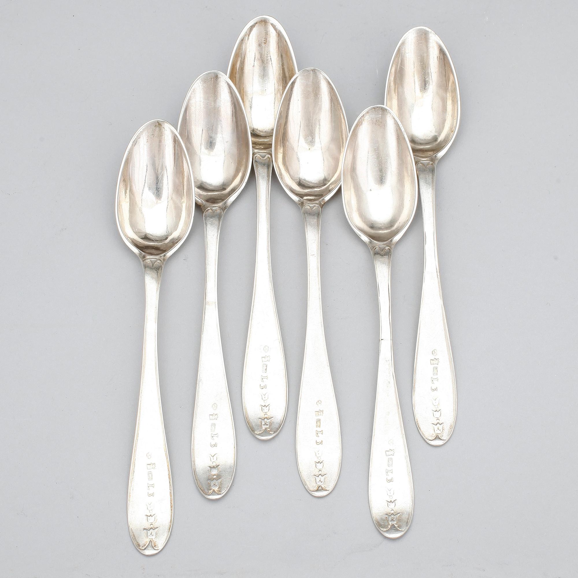 TESKEDAR, silver, 6 st, delvis Jacob Möller, Malmö, 1817. Tot vikt 202 gram.