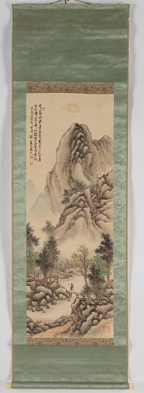 RULLMÅLNINGAR, tre styckern, tusch och färg på papper. Japan, 1900-talets första hälft.