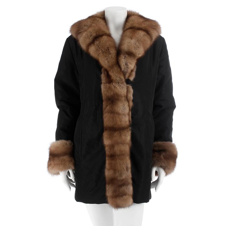 COAT, black with fur trim. Size 42.