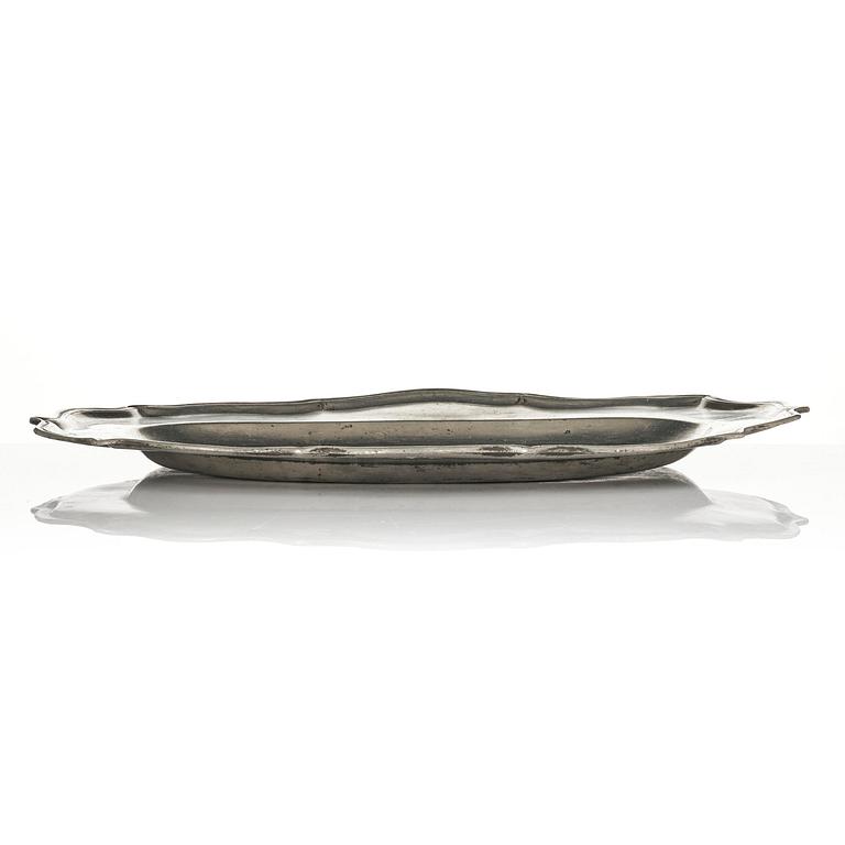 A rococo pewter charger by J. G. Ryman, Stockholm 1768.