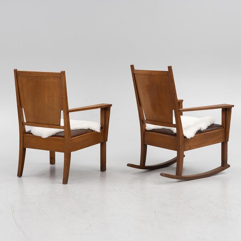 Nordiska Kompaniet, fåtölj samt gungstol, "Ringen", jugend, 1907.