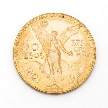 MEXICAN 50 PESOS GOLD COIN, 21,6ct, 1947. Ca 42 grams.