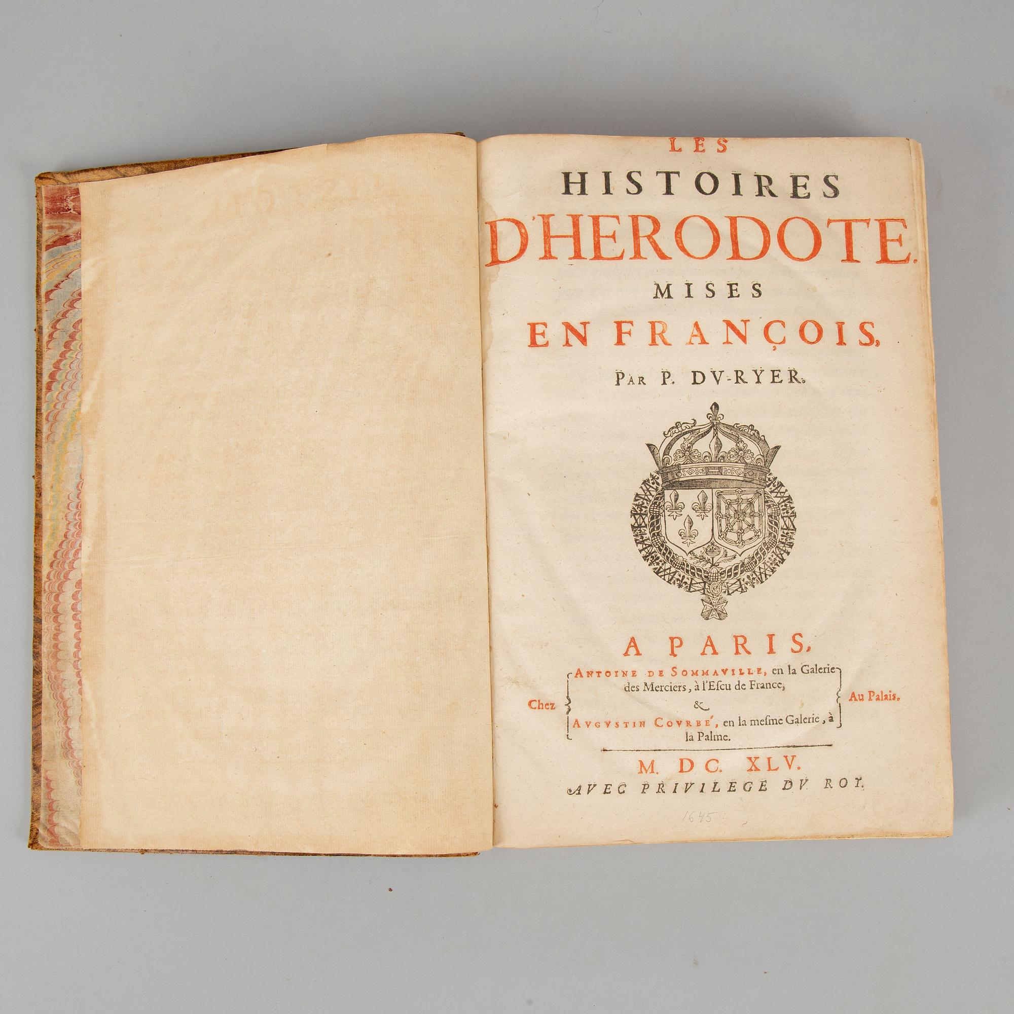 French edition of Herodotos, 1645, provenance: Säfstaholm castle.