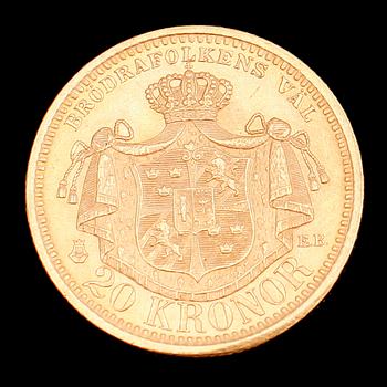 GULDMYNT, 20 kr, Oscar II, 1901. Vikt ca 9 g.