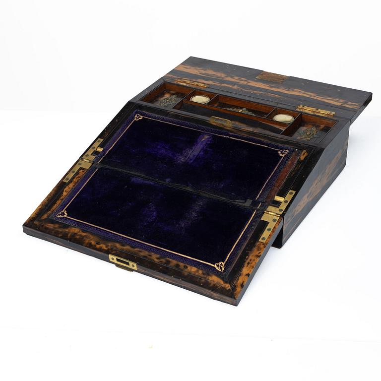 A Victorian faux-tortoise writing box by Betjemann & Sons, London.