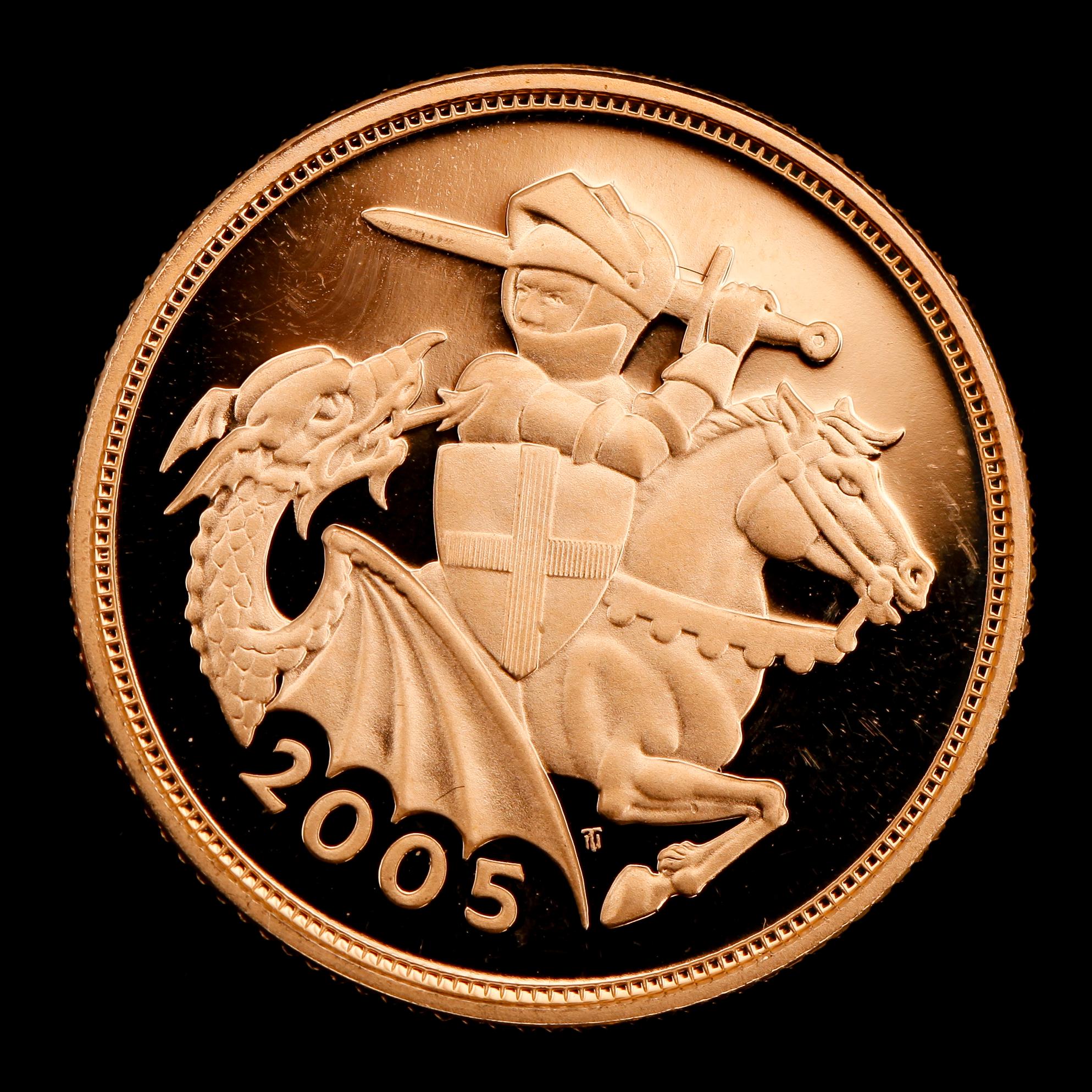GULDMYNT, finguld, sovereign, Elizabeth II, 2005. Vikt ca 8 g.