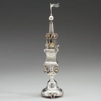 A Russian 19th century silver besamin-tower, makers mark of Swinarski, (St. Petersburg) 1876.