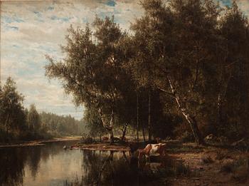 Edvard Bergh, Landscape with birch trees and cows by water.