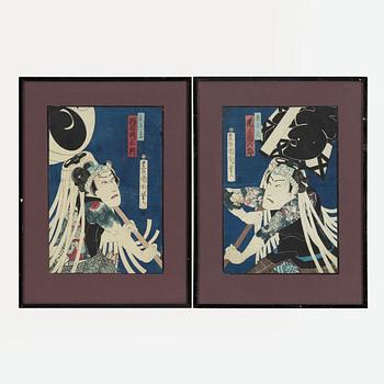 Toyohara Kunichika, two woodblock print in colours.