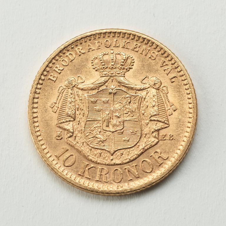 A gold coin, 10 swedish kronor, 1895, weight c 4,5 g.