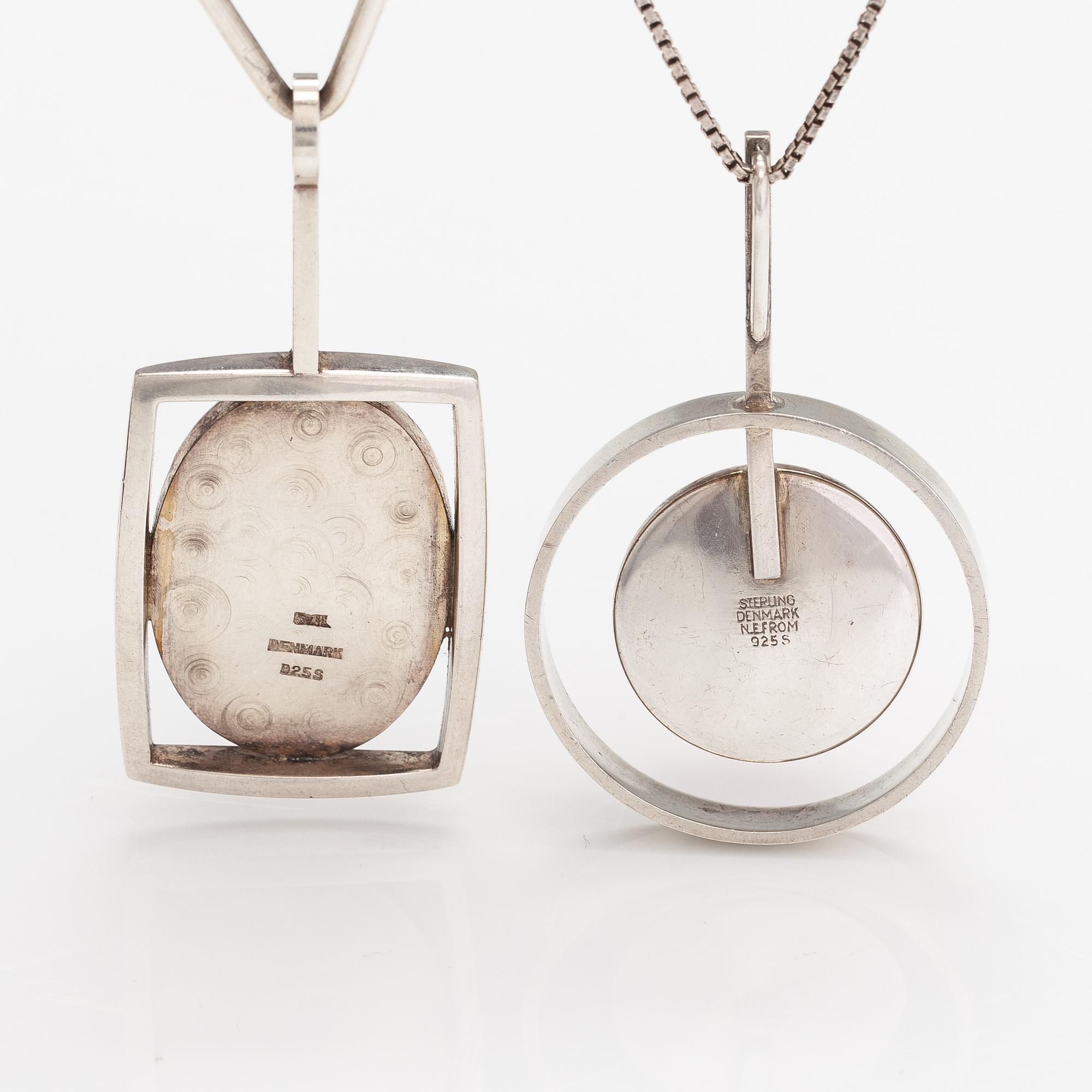 Two sterling silver neckalces, one with a rhodochrosite and one with an agate. Denmark.