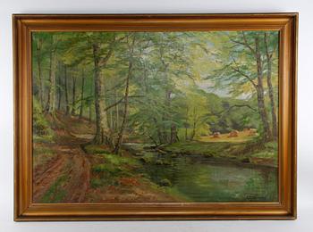 OKÄND KONSTNÄR. Olja på duk, bär sign V Jespersen.