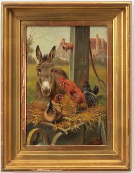 Herbert William Weekes, Chickens and a Donkey by a Trough.