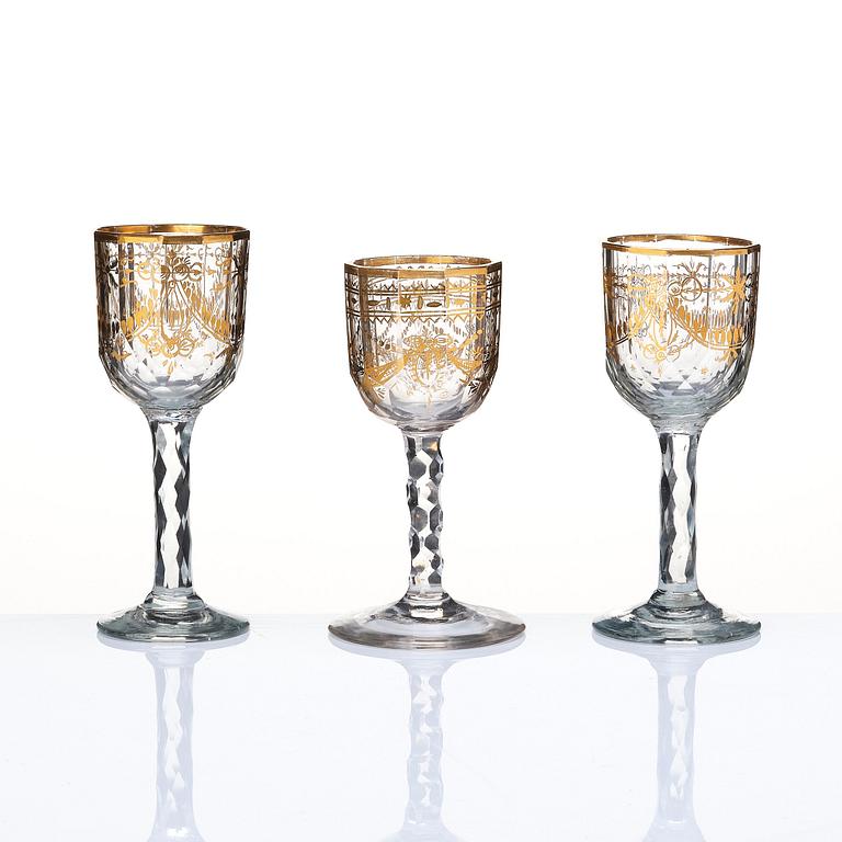 A set of seven cut and gilded glasses, 18th Century.