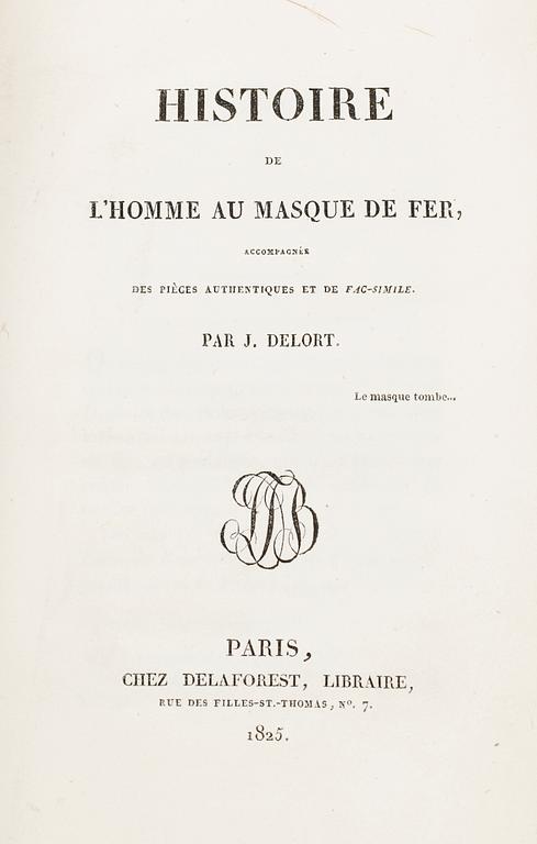 KUNGLIGT BOKBAND, Drottning Desideria av Sverige och Norge, "Histoire de L´Homme au Masque de Fer", J. Delort, Paris 1825.