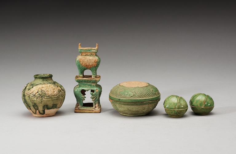A group of five green glazed vessels, Ming dynasty, 17th Century.