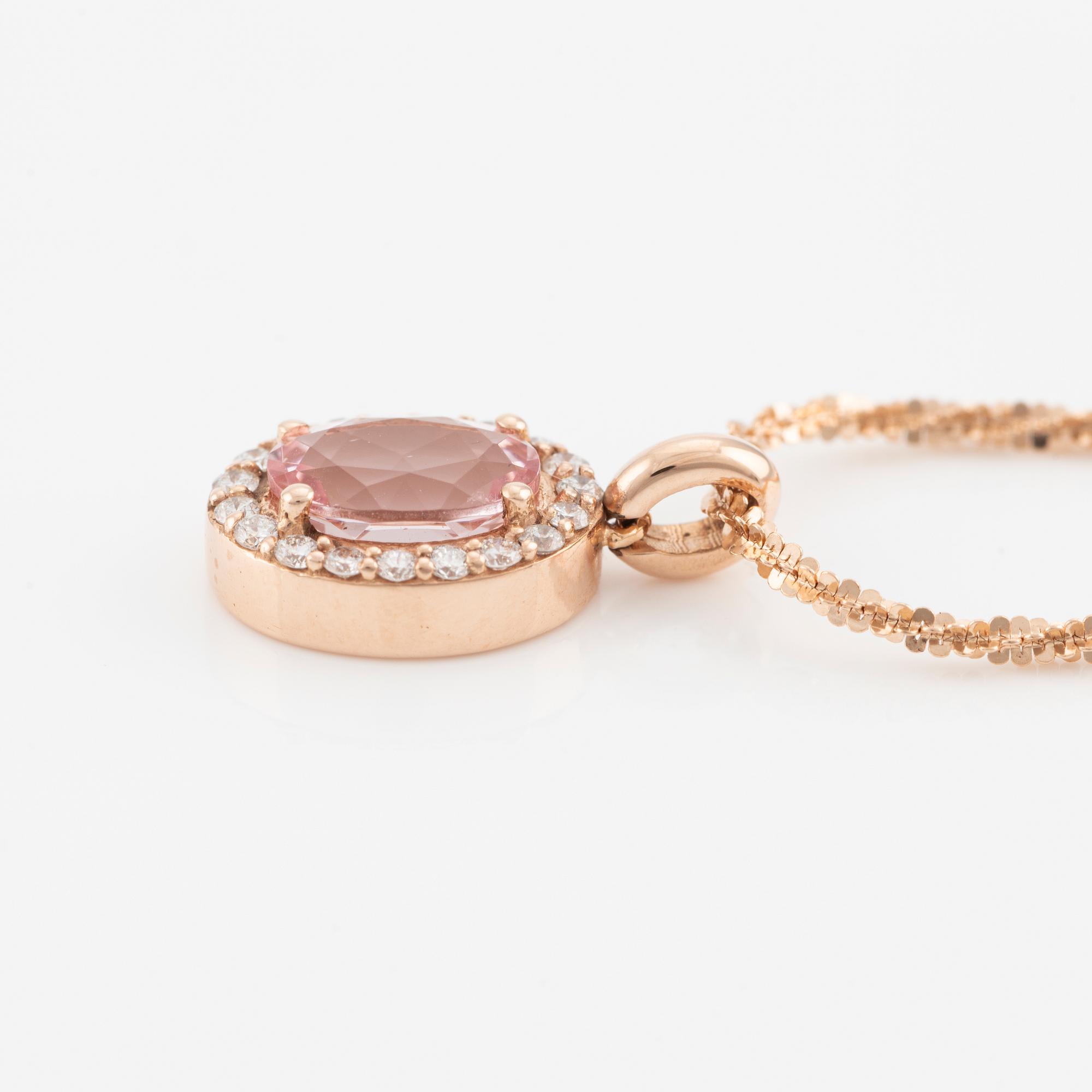 Pendant with chain in 14K rose gold with a faceted morganite and round brilliant-cut diamonds.