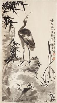 1551. Li Kuchan, "Crane, Cliff, Bamboo and Lotus", a fine hanging scroll, signed and dated 1959.