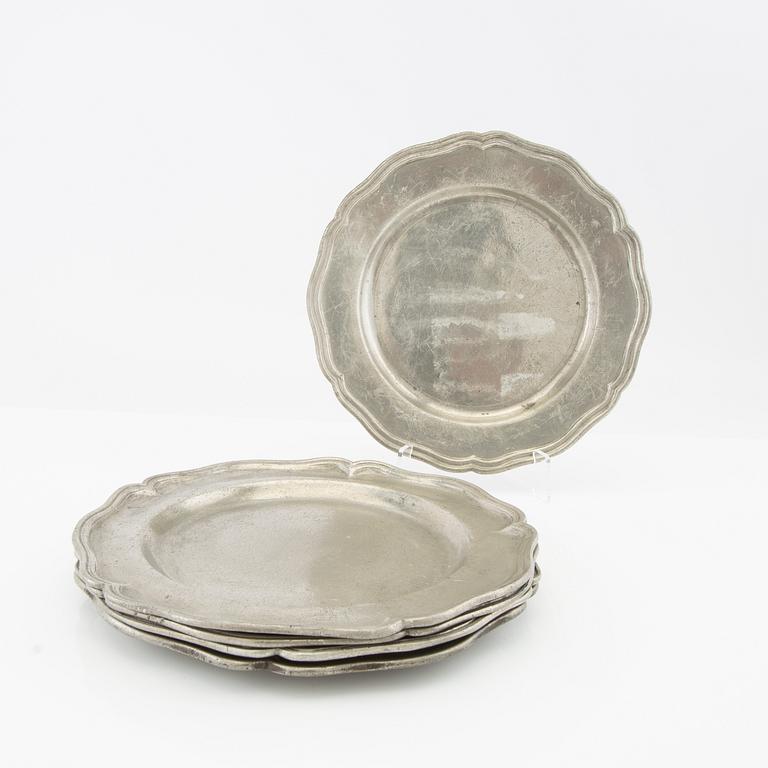 Plates, 5 pcs, Rococo, second half of the 18th century, pewter.