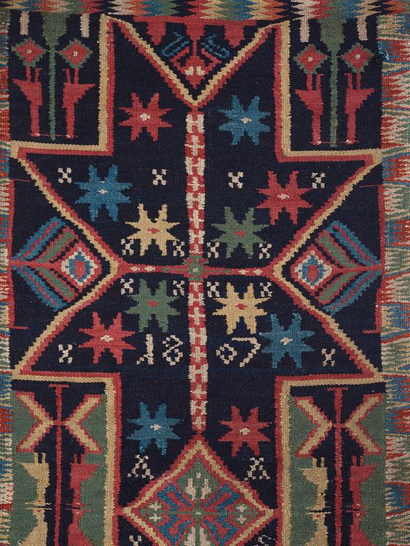 A carriage cushion, double-interlocked tapestry, ca 106 x 44 cm, Scania, Sweden, 1807, probably Skytts district.