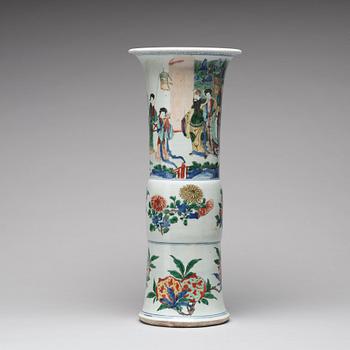 A Transitional wucai Gu-shaped beaker vase, 17th Century.