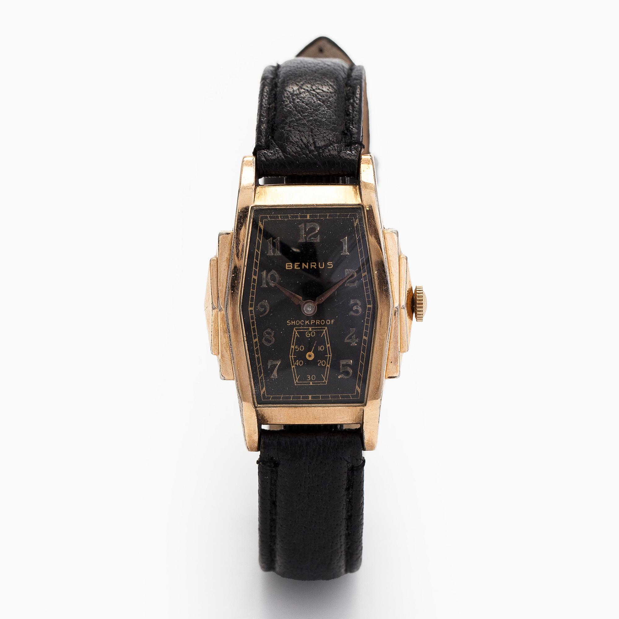 Benrus, wristwatch, 27 x 32 mm, Art Deco, gold-plated, manual winding, circa 1930s.