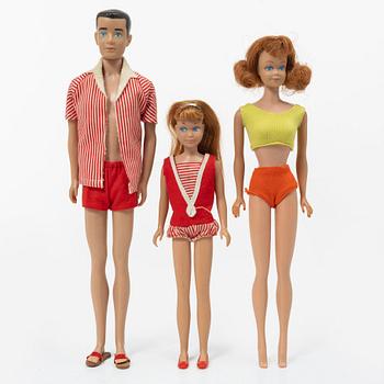 Midge, Ken samt Skipper, med kläder och accessoarer, Mattel, 1960-tal.
