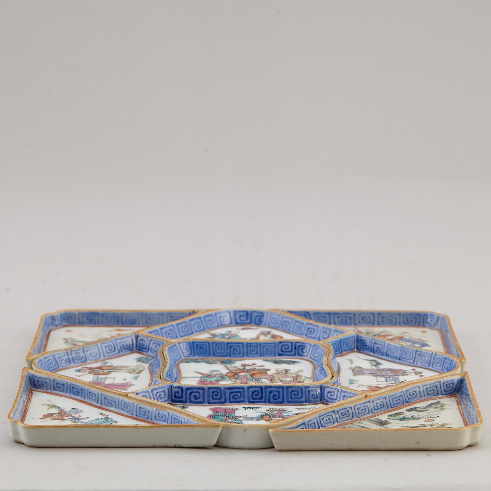 A famille rose nine piece cabaret, Qing dynasty, 19th century.