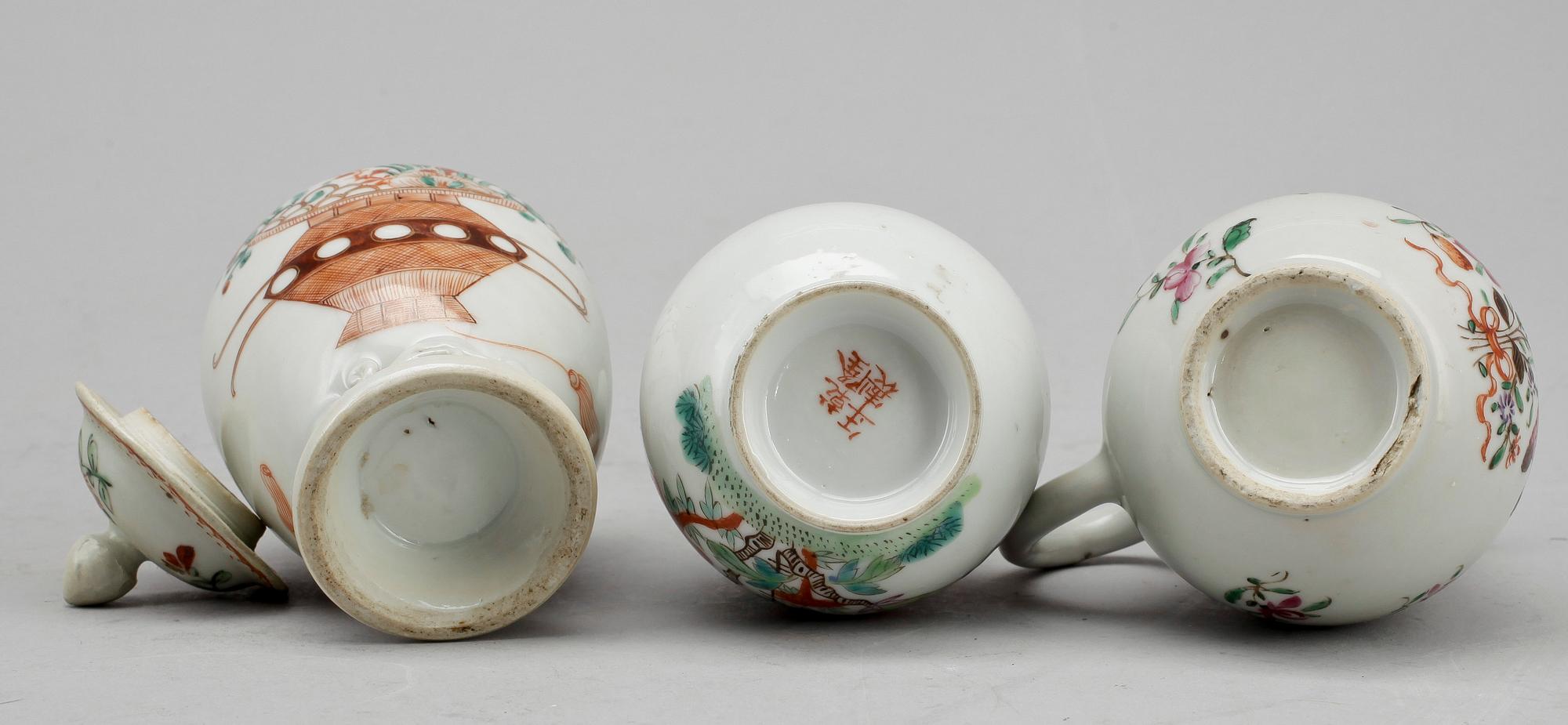 PARTI PORSLIN, 3 delar, Kina, Qing dynastin, 1700 resp 1800-tal.