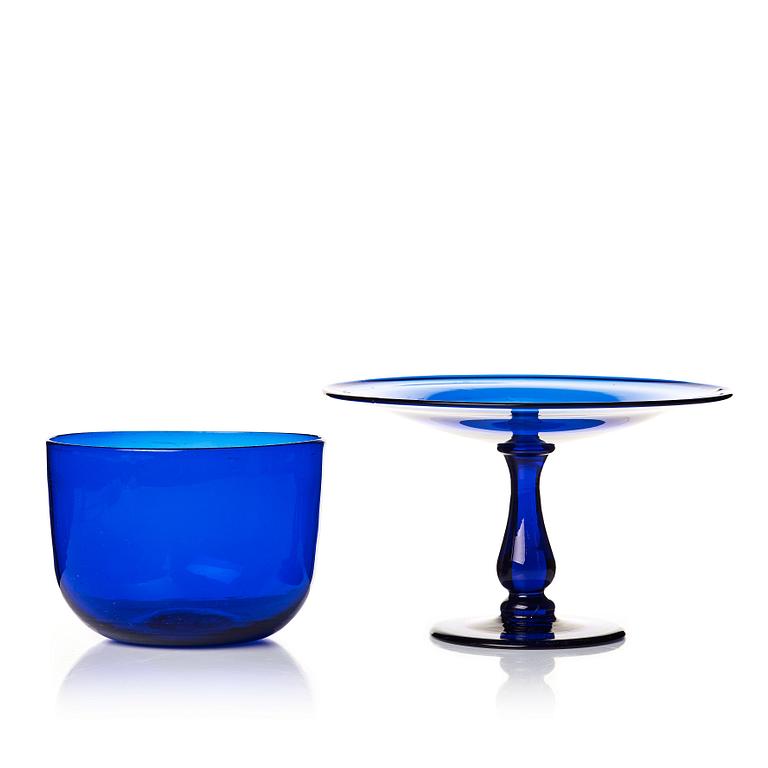 A blue glass tazza and bowl, 19th Century.