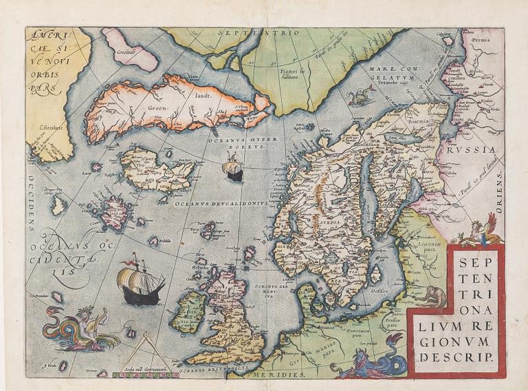 Abraham Ortelius, Map, hand-coloured copper engraving, Antwerp.
