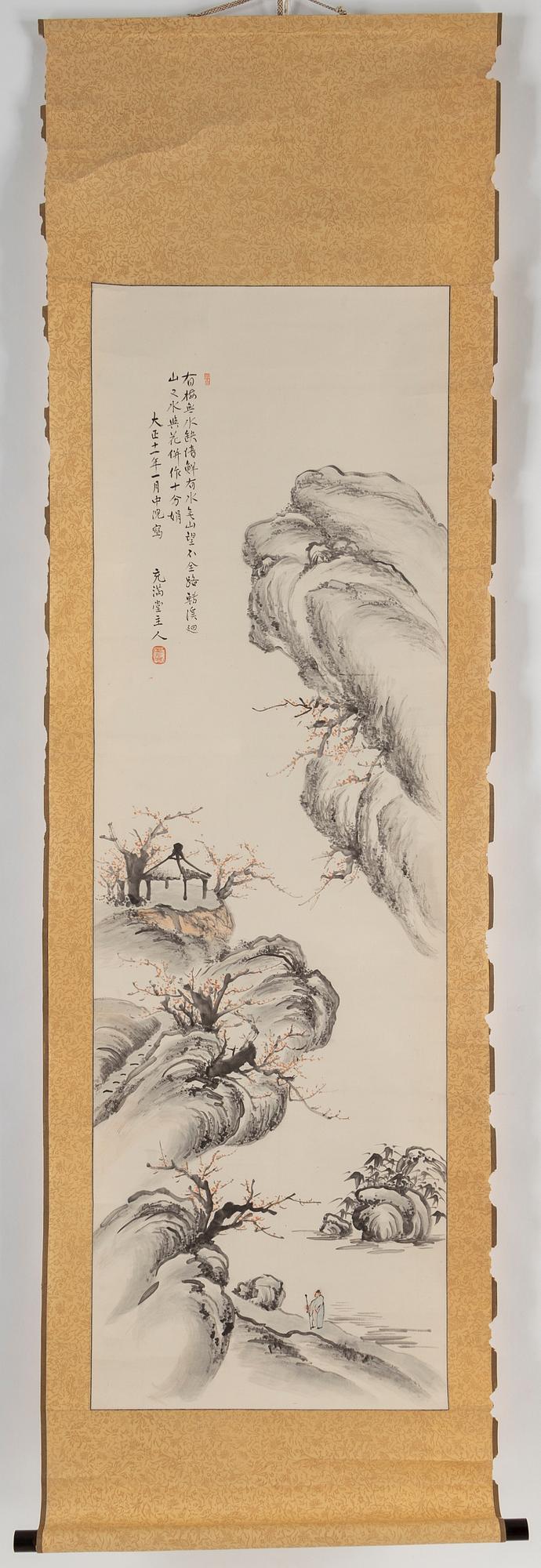 Three Japanese hanging scrolls, ink and colour on paper, signed incl. 充满唐 and dated 1920.